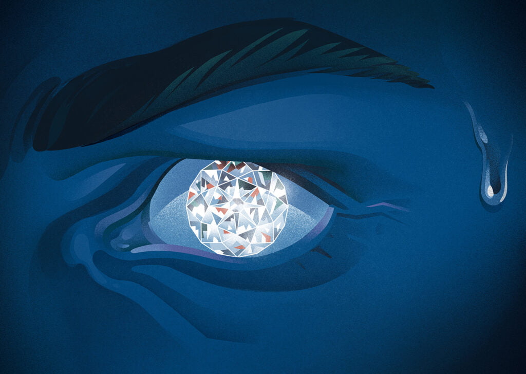 En blåtonad illustration på ett öga med en diamant som pupil. Svett rinner ner från ögonbryn.