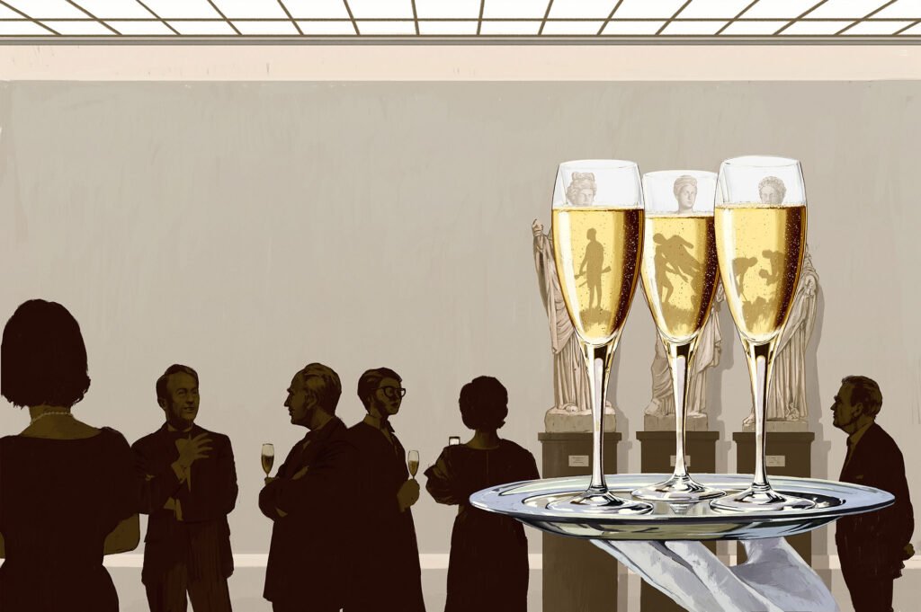 Illustration av människor som minglar med champagne på vernissage