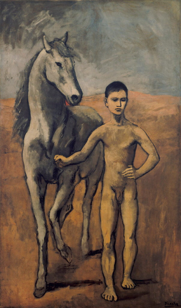 Jeune gar&ccedil;on au cheval (Pojke leder h&auml;st) av Pablo Picasso. M&aring;lad 1905&ndash;1906 i Paris under konstn&auml;rens rosa period. Tavlan finns i dag p&aring; MoMa i New York.