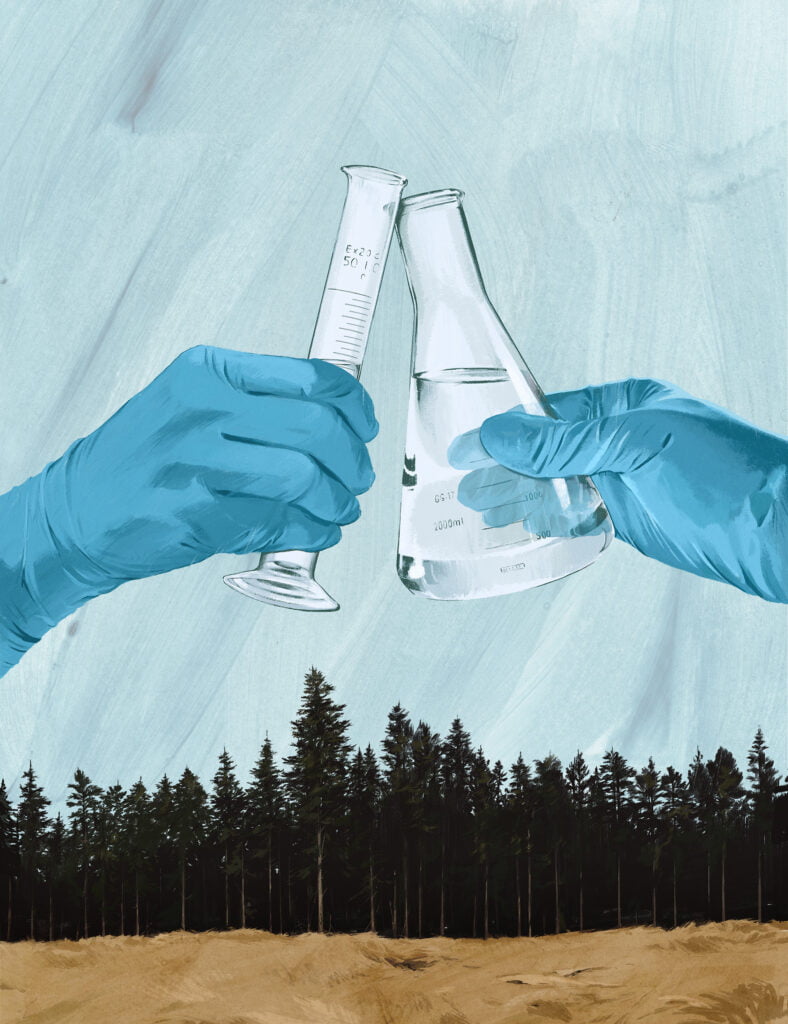 Illustration. Tv&aring; glas i ett laboratorium. Bl&aring; hanskar. Skogen i bakgrund.