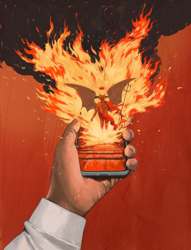 Mobiltelefon som brinner med en djävul som kommer upp